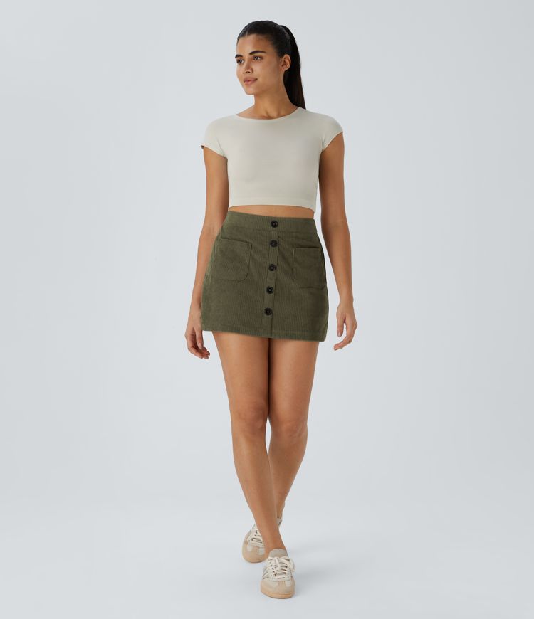 Lässiger 2-in-1 Mini-Hosenrock aus Cord mit hohem Bund, Knopfleiste und Reißverschluss