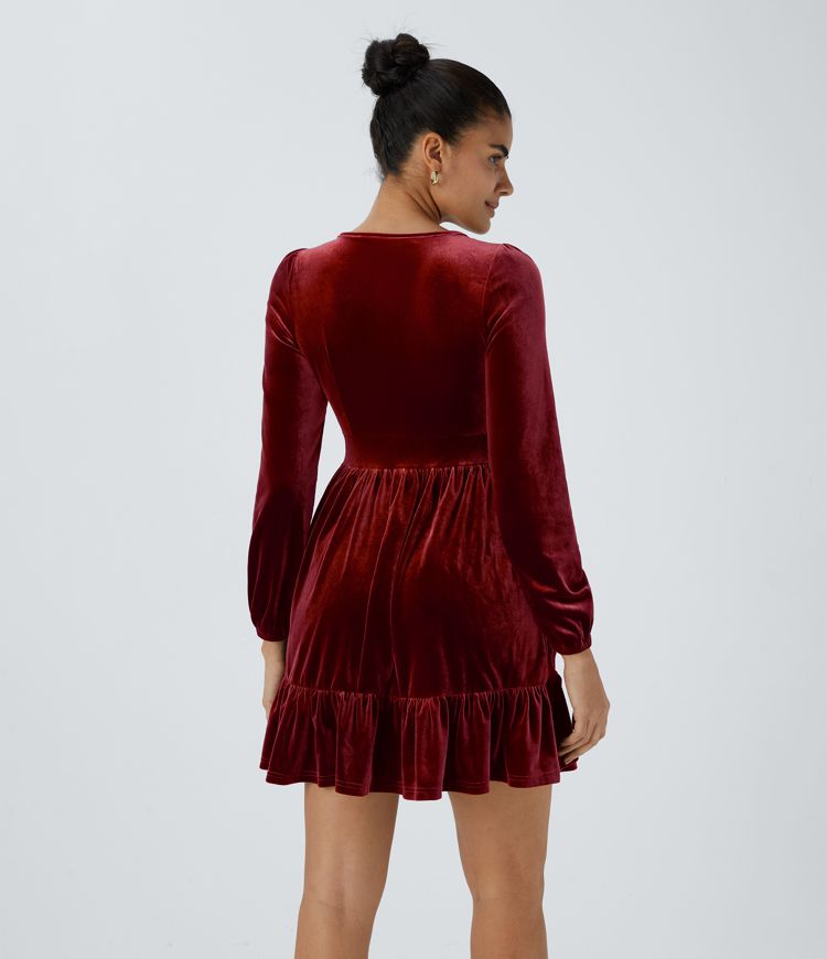 Everyday Deep V Neck Long Sleeve Ruffled Hem Velvet Mini Chill Party Dress