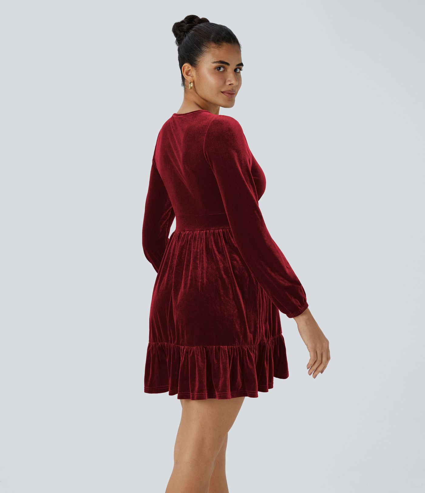 Everyday Deep V Neck Long Sleeve Ruffled Hem Velvet Mini Chill Dress
