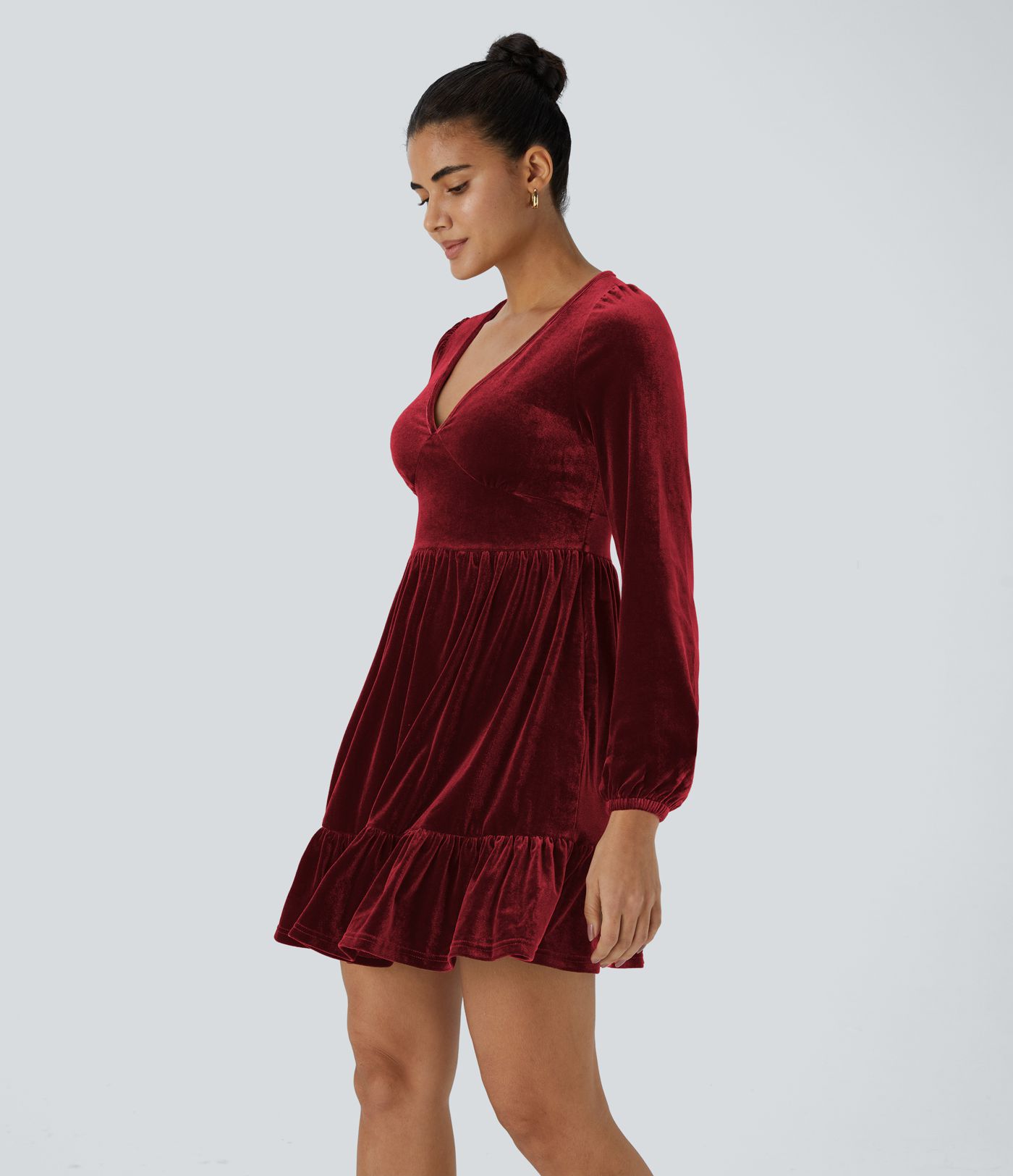 Everyday Deep V Neck Long Sleeve Ruffled Hem Velvet Mini Chill Dress