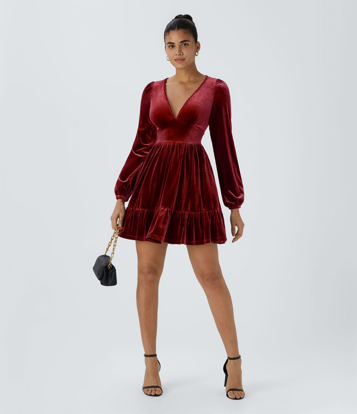 Everyday Deep V Neck Long Sleeve Ruffled Hem Velvet Mini Chill Dress