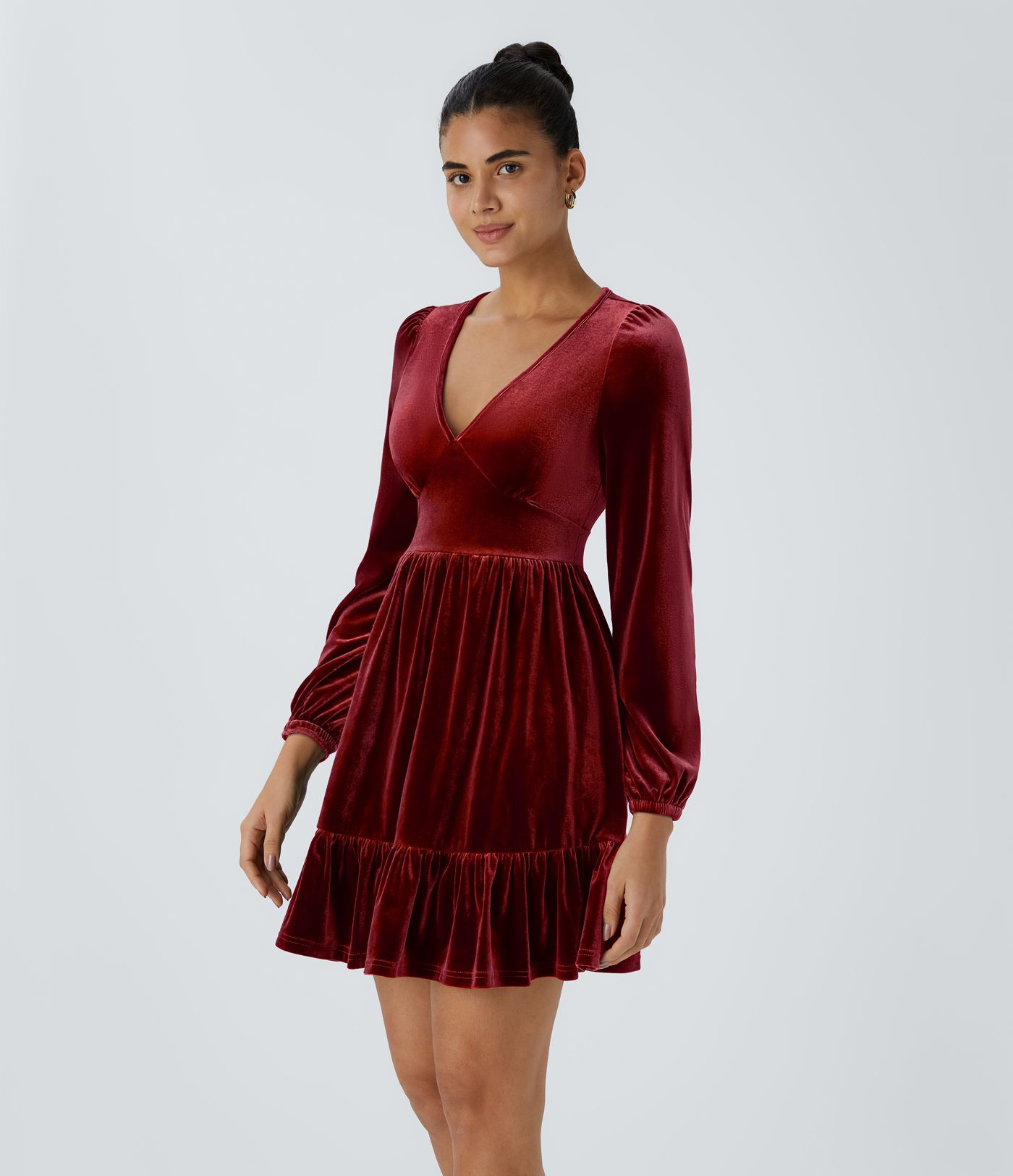 Everyday Deep V Neck Long Sleeve Ruffled Hem Velvet Mini Chill Dress