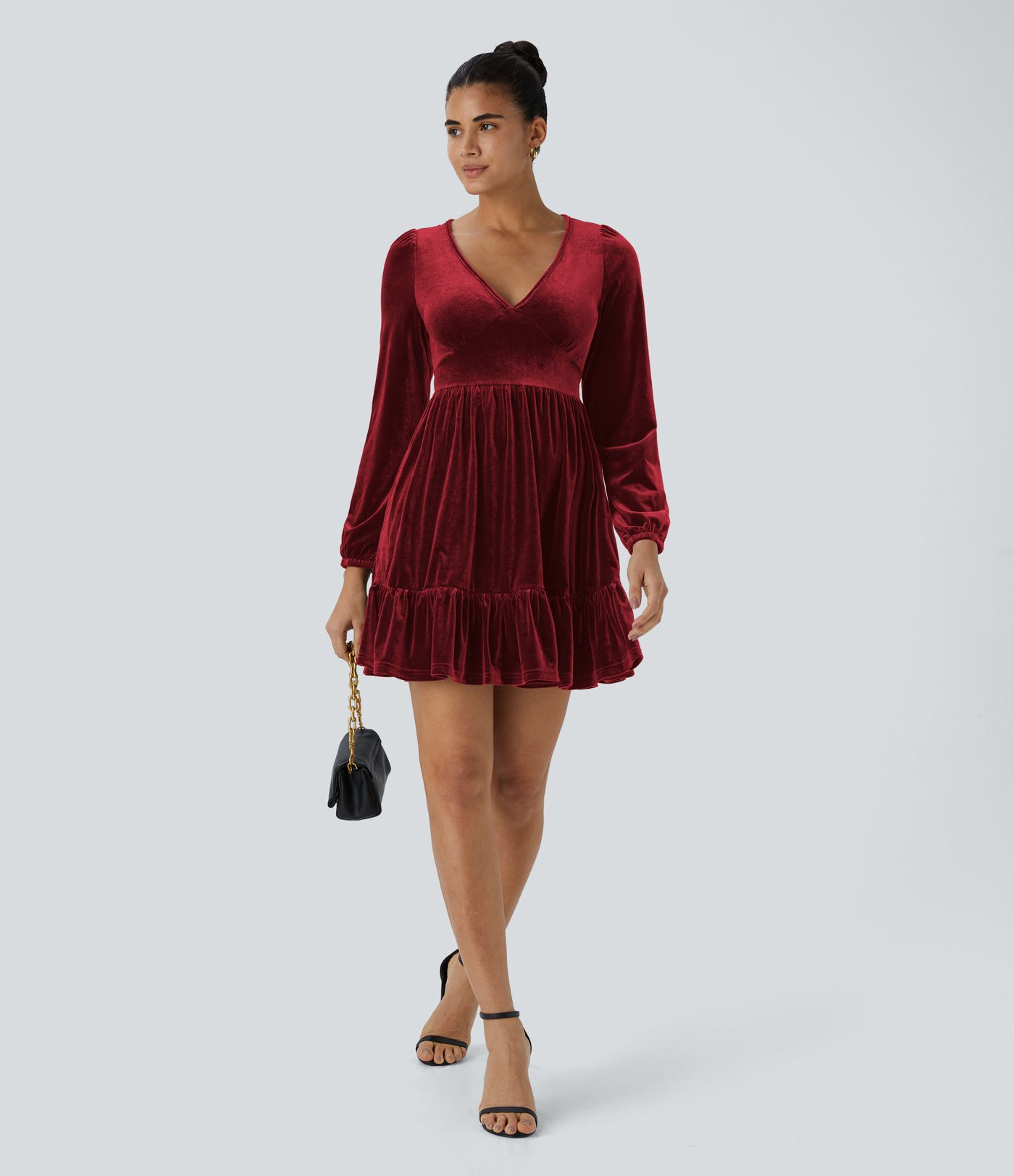 Everyday Deep V Neck Long Sleeve Ruffled Hem Velvet Mini Chill Dress