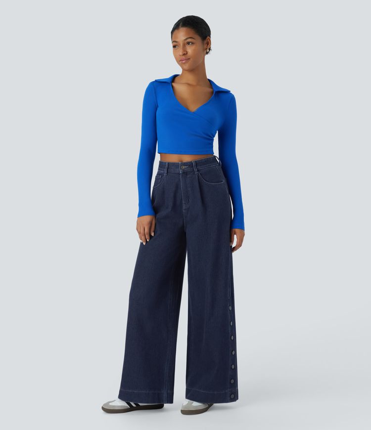 Halara Flex™ High Waist Button Zipper Foldable Multi-Pocket Split Stretch Knit Casual Wide Leg Full Length Jeans