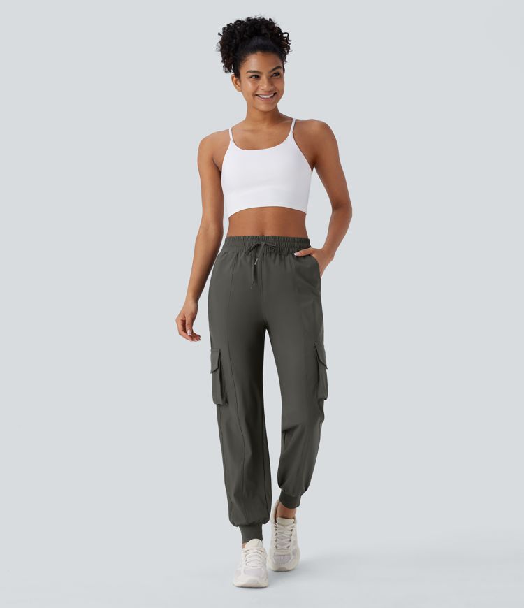 Cargo-Jogginghose mit hoher Taille, Kordelzug und mehreren Taschen