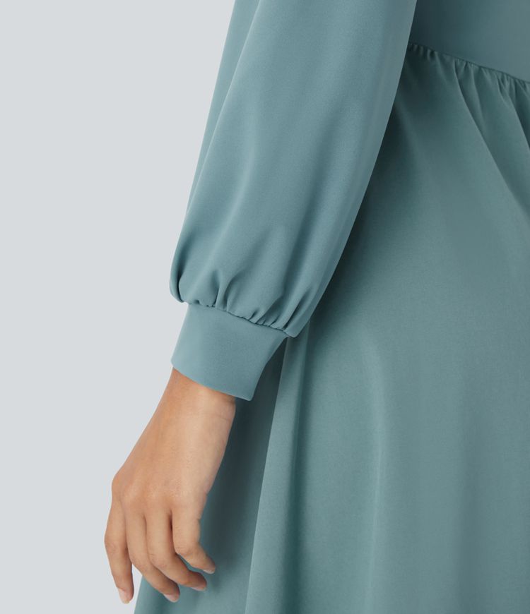 Breezeful™ V-Neck Bishop Long Sleeve Flare Midi Quick Dry Casual Dress