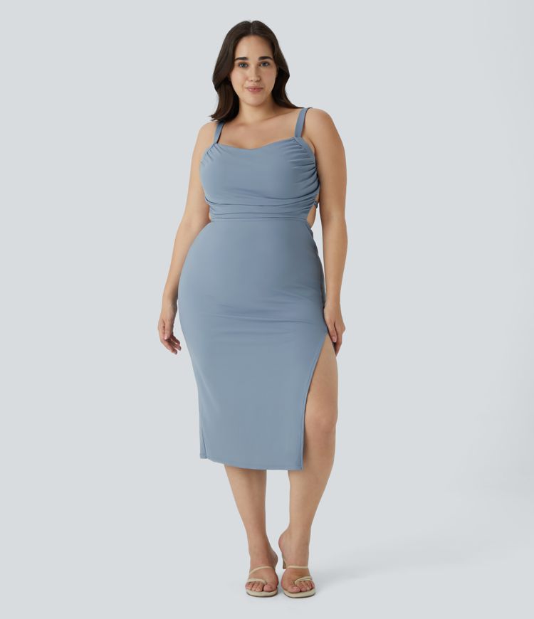 SoftlyZero™ Airy Ruched Lace Up Bodycon Midi Cool Touch Casual Plus Size Dress