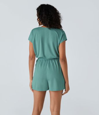 V Neck Short Sleeve Side Pocket Waffle Casual Playsuit