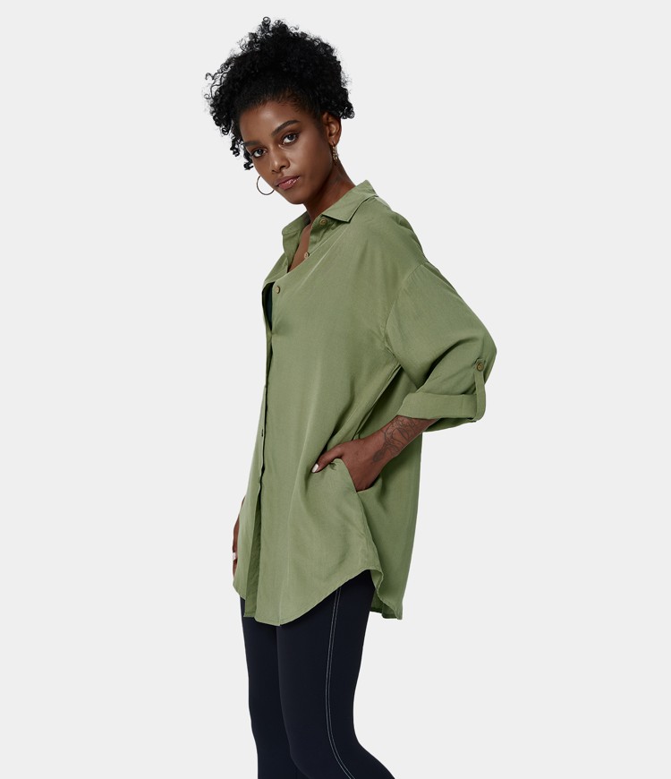 halara Collared Button Front Roll Up Sleeve Plain Shirt