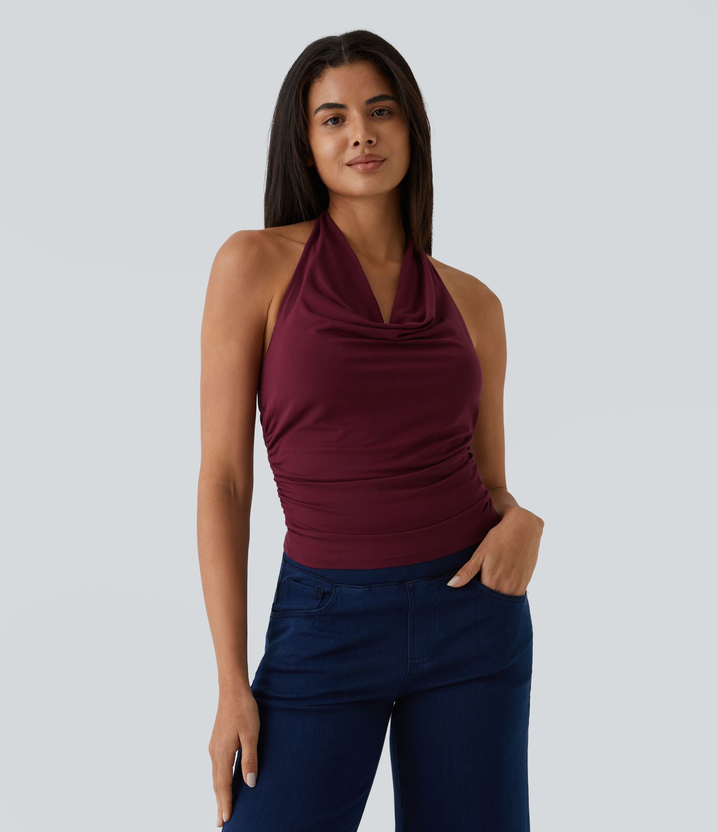 Halterneck Backless Ruched Casual Tank Top