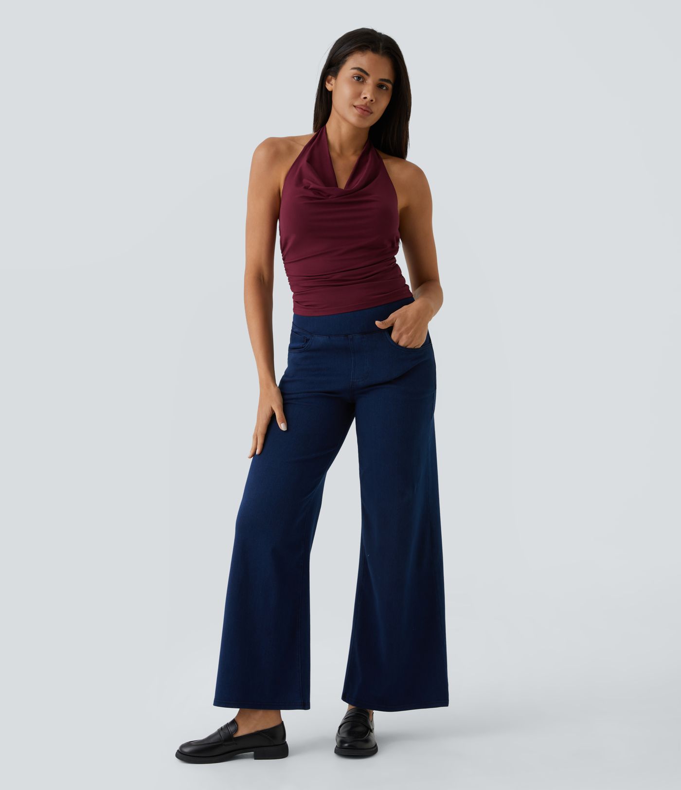 Halterneck Backless Ruched Casual Tank Top