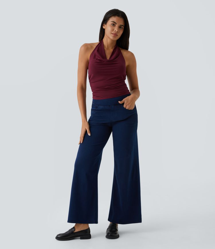 Halterneck Backless Ruched Casual Tank Top