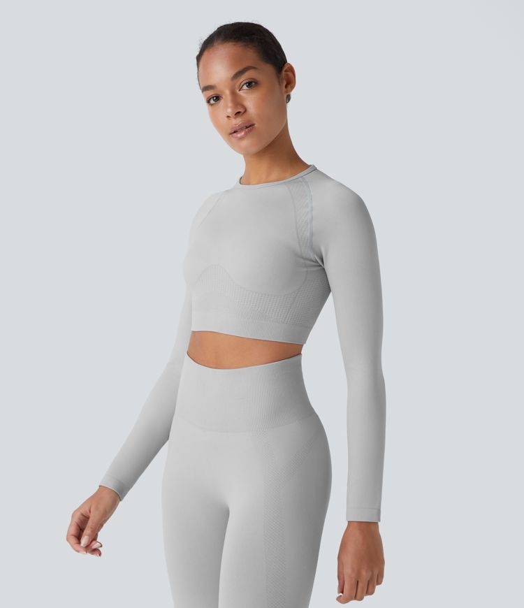 Seamless Flow Round Neck Raglan Long Sleeve Skinny Cropped Yoga Top