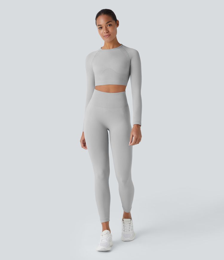 Seamless Flow Round Neck Raglan Long Sleeve Skinny Cropped Yoga Top