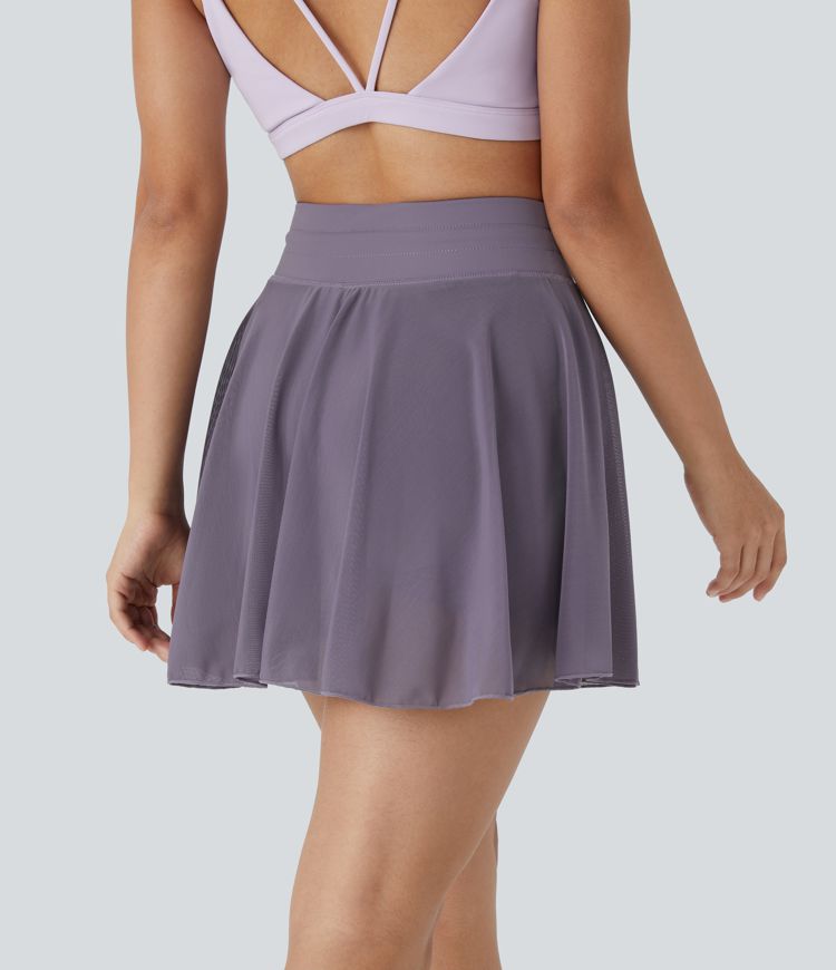 Falda mini acampanada fluida bolsillo lateral 2 en 1 malla contrastante cordón tiro alto