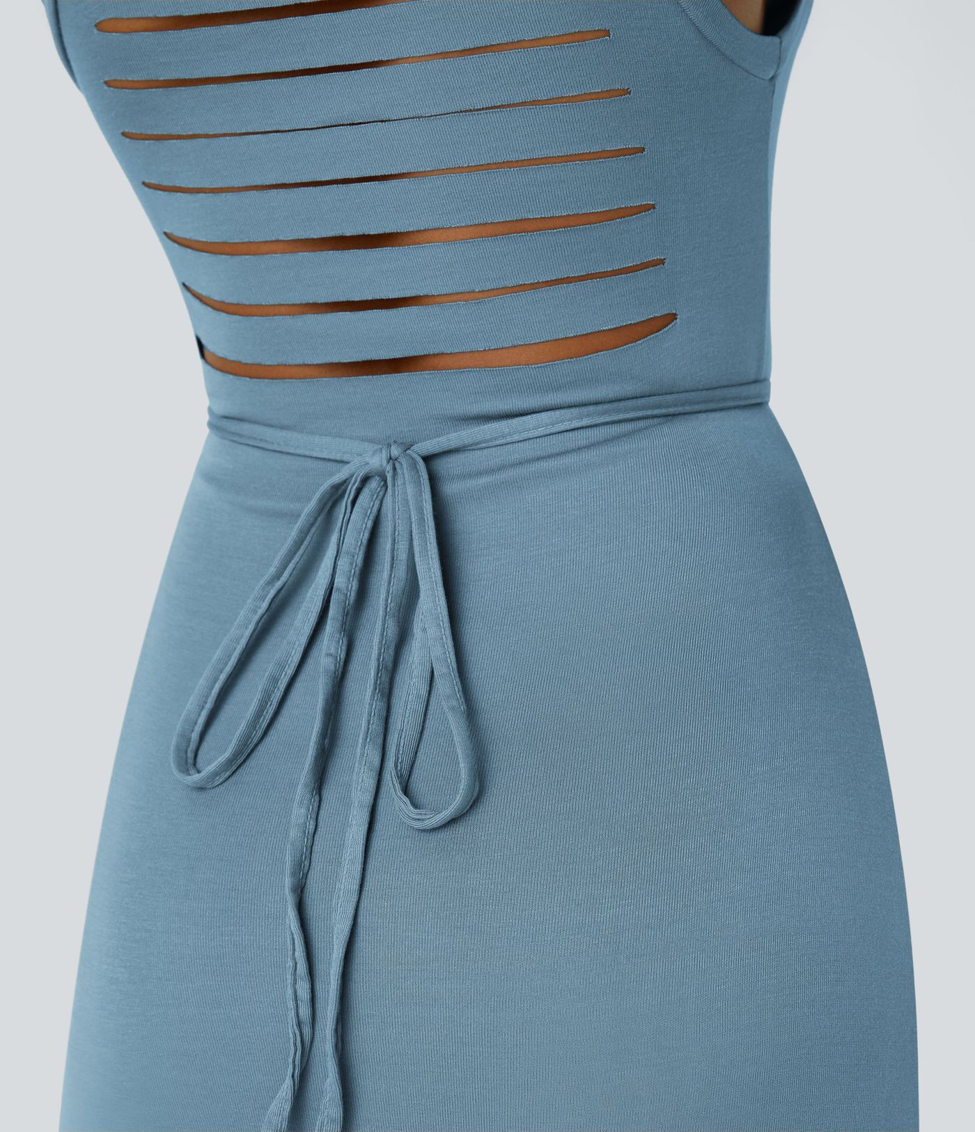 Ribbed Hooded High Neck Sleeveless Cut Out Tie Back 2-Piece Midi Casual Dress