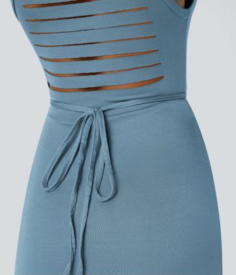 Ribbed Hooded High Neck Sleeveless Cut Out Tie Back 2-Piece Midi Casual Dress