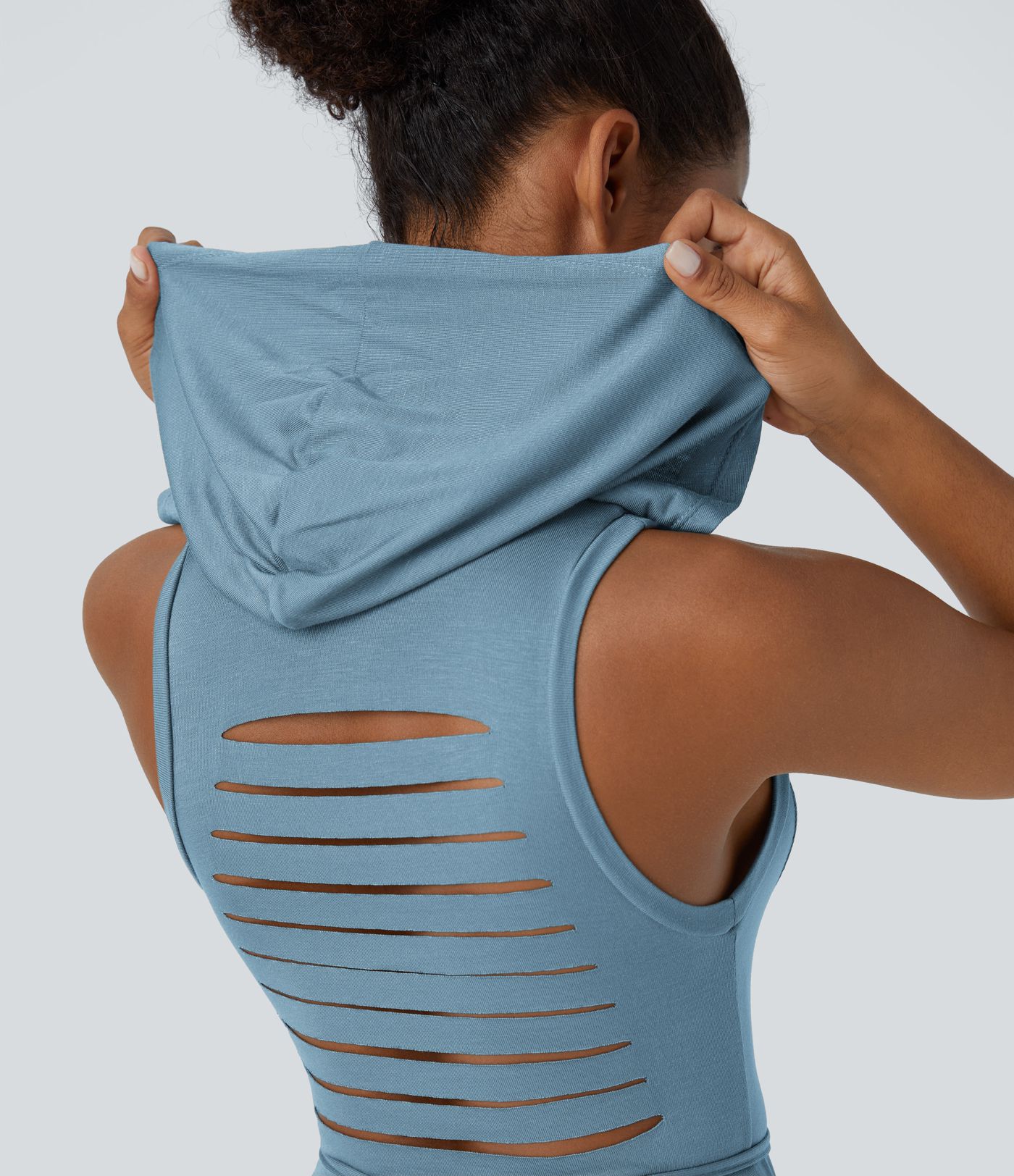 Ribbed Hooded High Neck Sleeveless Cut Out Tie Back 2-Piece Midi Casual Dress