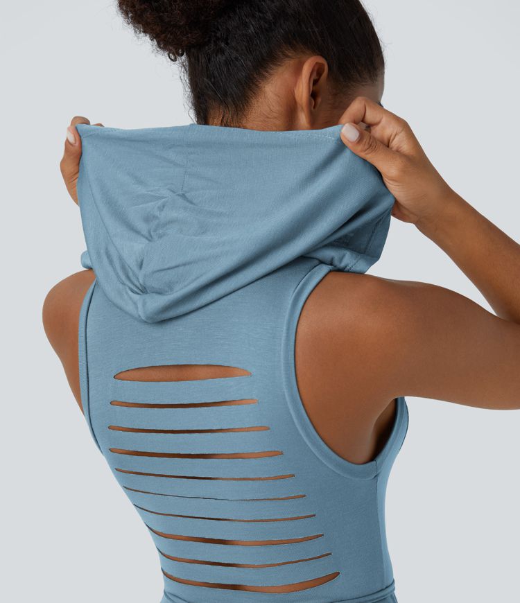 Ribbed Hooded High Neck Sleeveless Cut Out Tie Back 2-Piece Midi Casual Dress