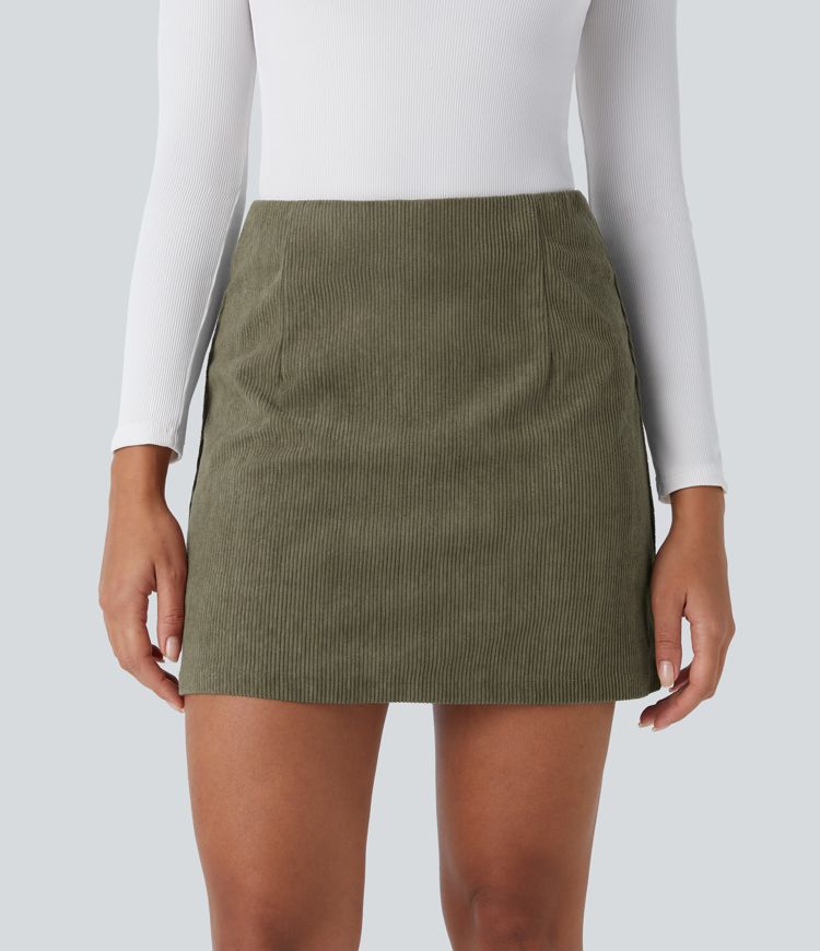 High Waisted Invisible Zipper 2-in-1 A Line Mini Corduroy Casual Skirt-Longer Length