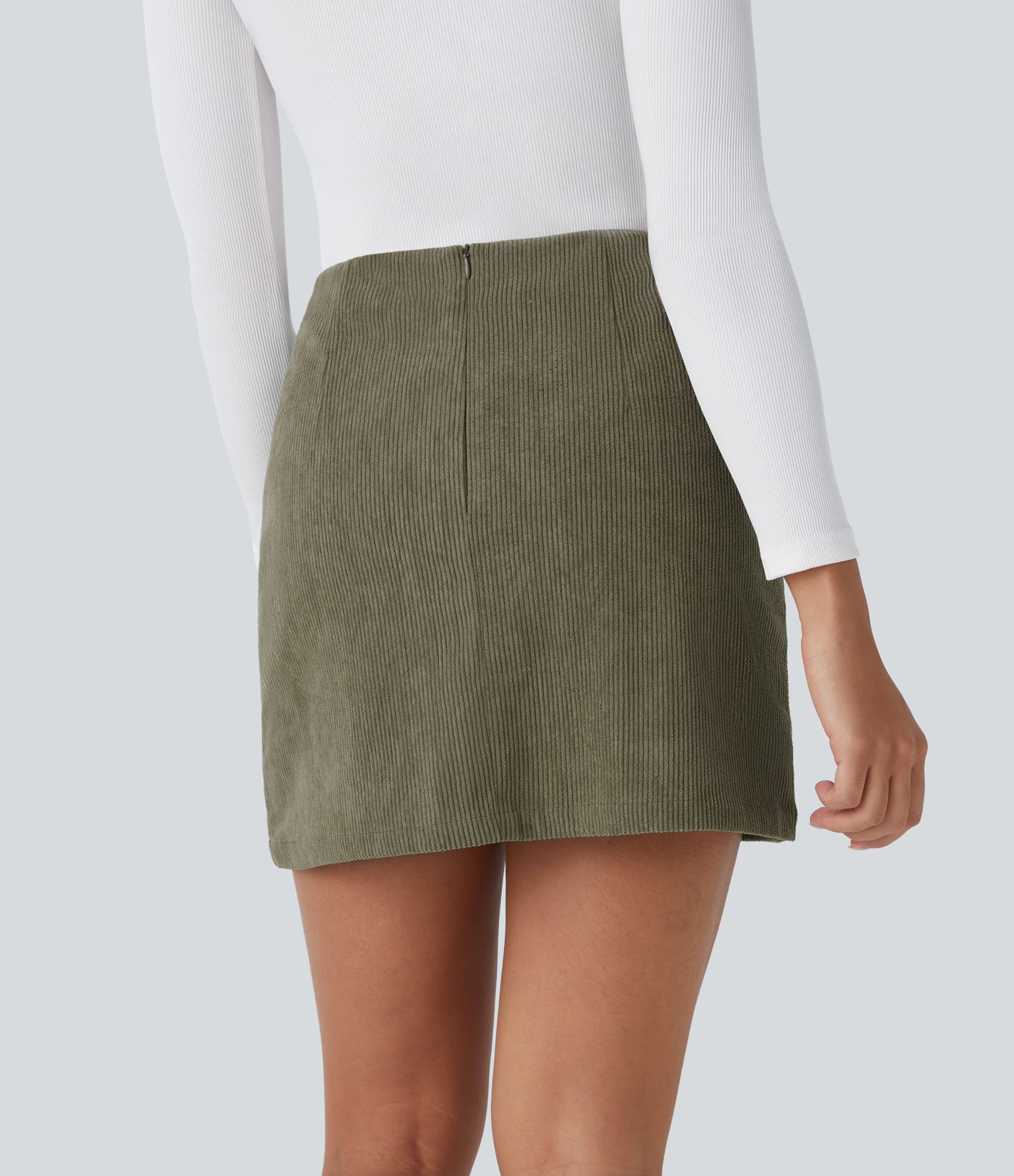 High Waisted Invisible Zipper 2-in-1 A Line Mini Corduroy Casual Skirt-Longer Length
