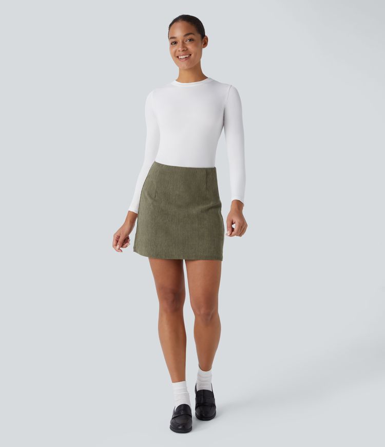 High Waisted Invisible Zipper 2-in-1 A Line Mini Corduroy Casual Skirt-Longer Length