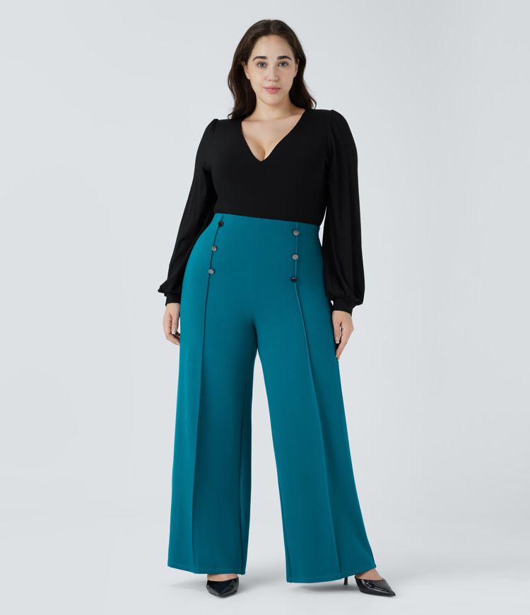 Pantalón oficina tiro alto bolsillo abotonado pierna ancha talla grande