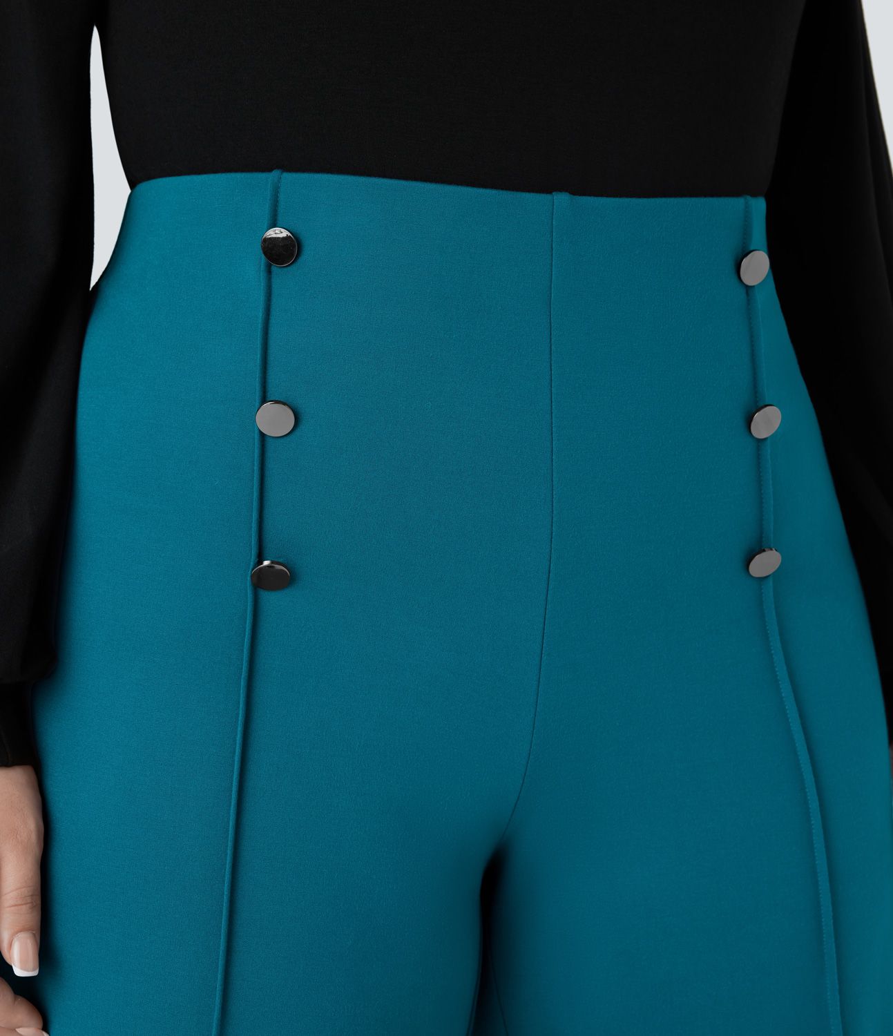 Pantalón oficina tiro alto bolsillo abotonado pierna ancha talla grande