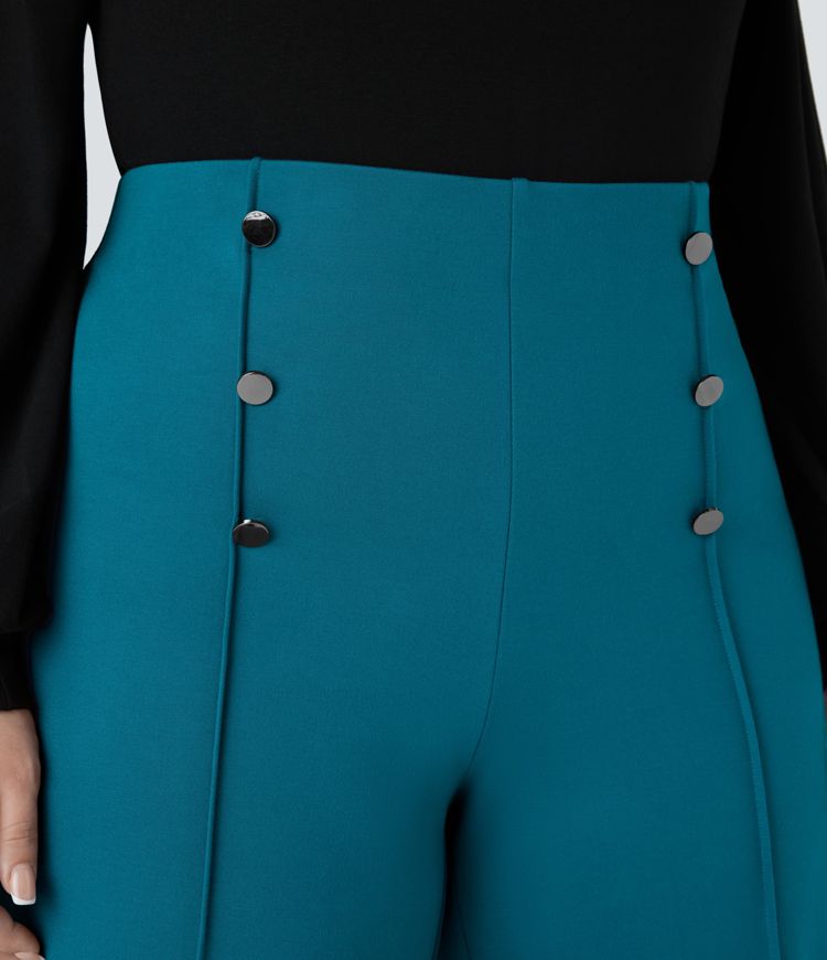 Pantalón oficina tiro alto bolsillo abotonado pierna ancha talla grande