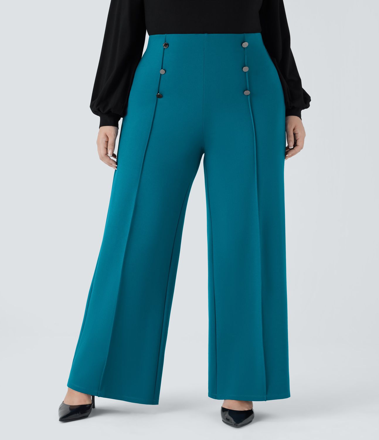 Pantalón oficina tiro alto bolsillo abotonado pierna ancha talla grande