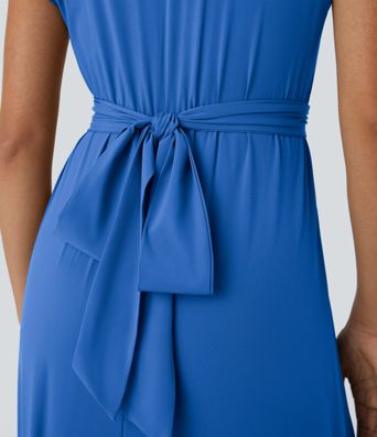 Breezeful™ V Neck Short Sleeve Side Pocket Tie Back Quick Dry Midi Casual Dress-Longer Length