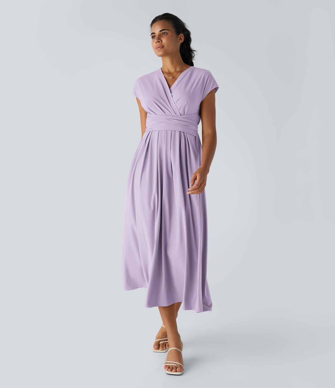 Breezeful™ V Neck Short Sleeve Pocket Tie Back Quick Dry Midi Casual Dress-Longer Length