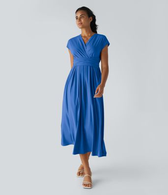 Breezeful™ V Neck Short Sleeve Side Pocket Tie Back Quick Dry Midi Casual Dress-Longer Length