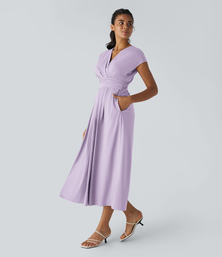 Breezeful™ V Neck Short Sleeve Side Pocket Tie Back Quick Dry Midi Casual Dress