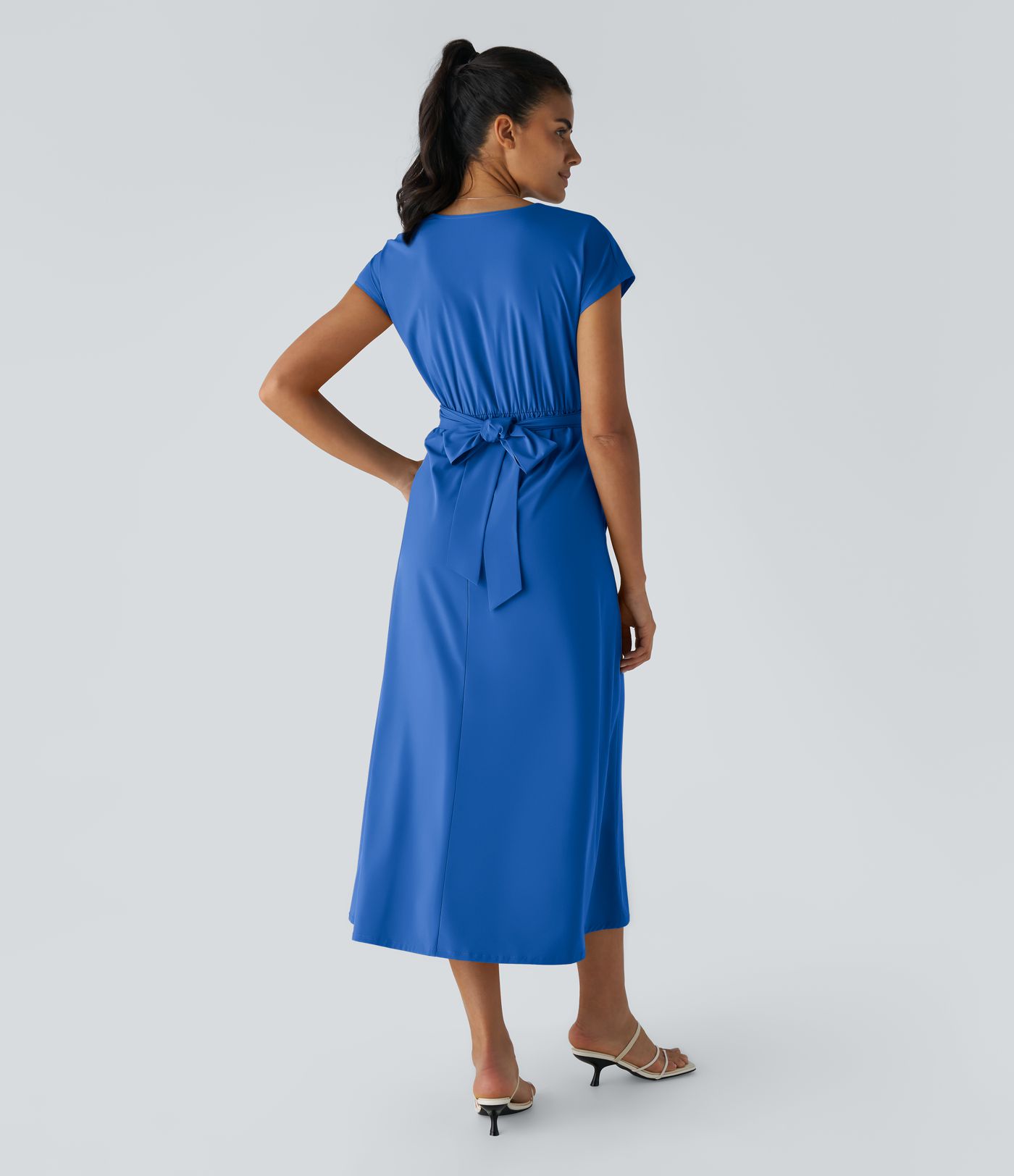 Breezeful™ V Neck Short Sleeve Side Pocket Tie Back Quick Dry Midi Casual Dress-Longer Length