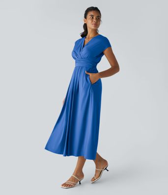 Breezeful™ V Neck Short Sleeve Side Pocket Tie Back Quick Dry Midi Casual Dress-Longer Length