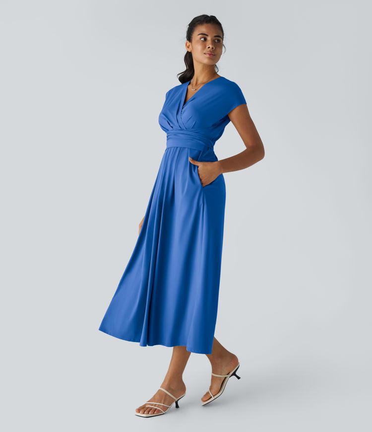Breezeful™ V Neck Short Sleeve Side Pocket Tie Back Quick Dry Midi Casual Dress-Longer Length