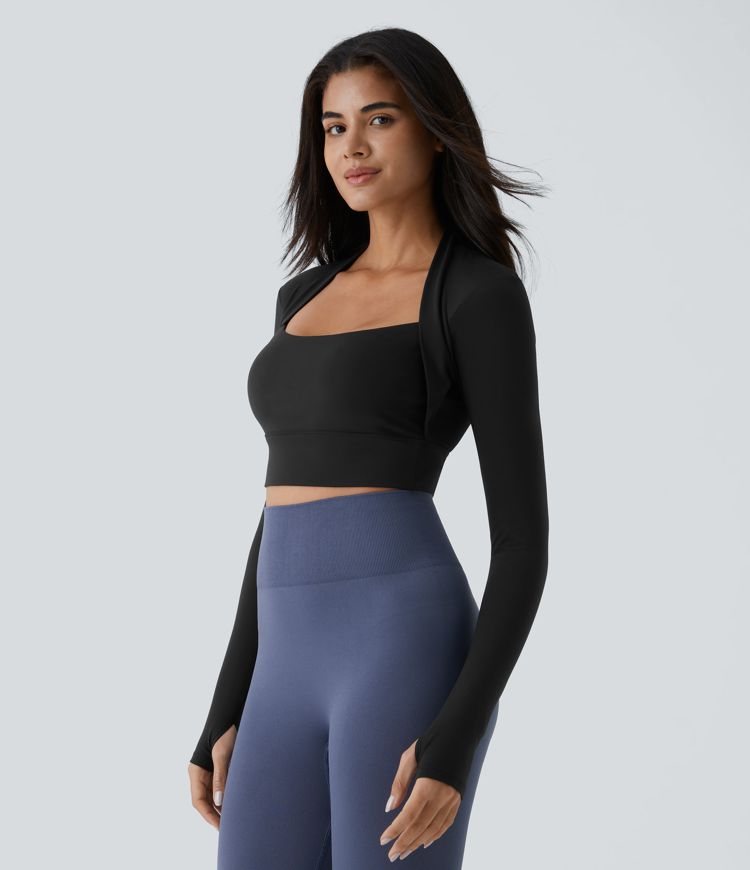 Top Softlyzero™ Plush deportivo yoga corto 2 en 1 orificio para pulgar manga larga