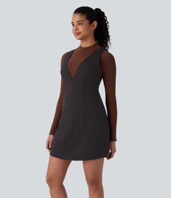 Mini Vestido oficina cuello V tira ajustable botón raya tacto agradable