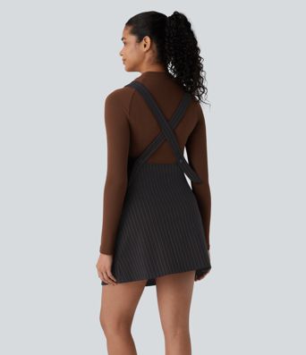 Mini Vestido oficina cuello V tira ajustable botón raya tacto agradable