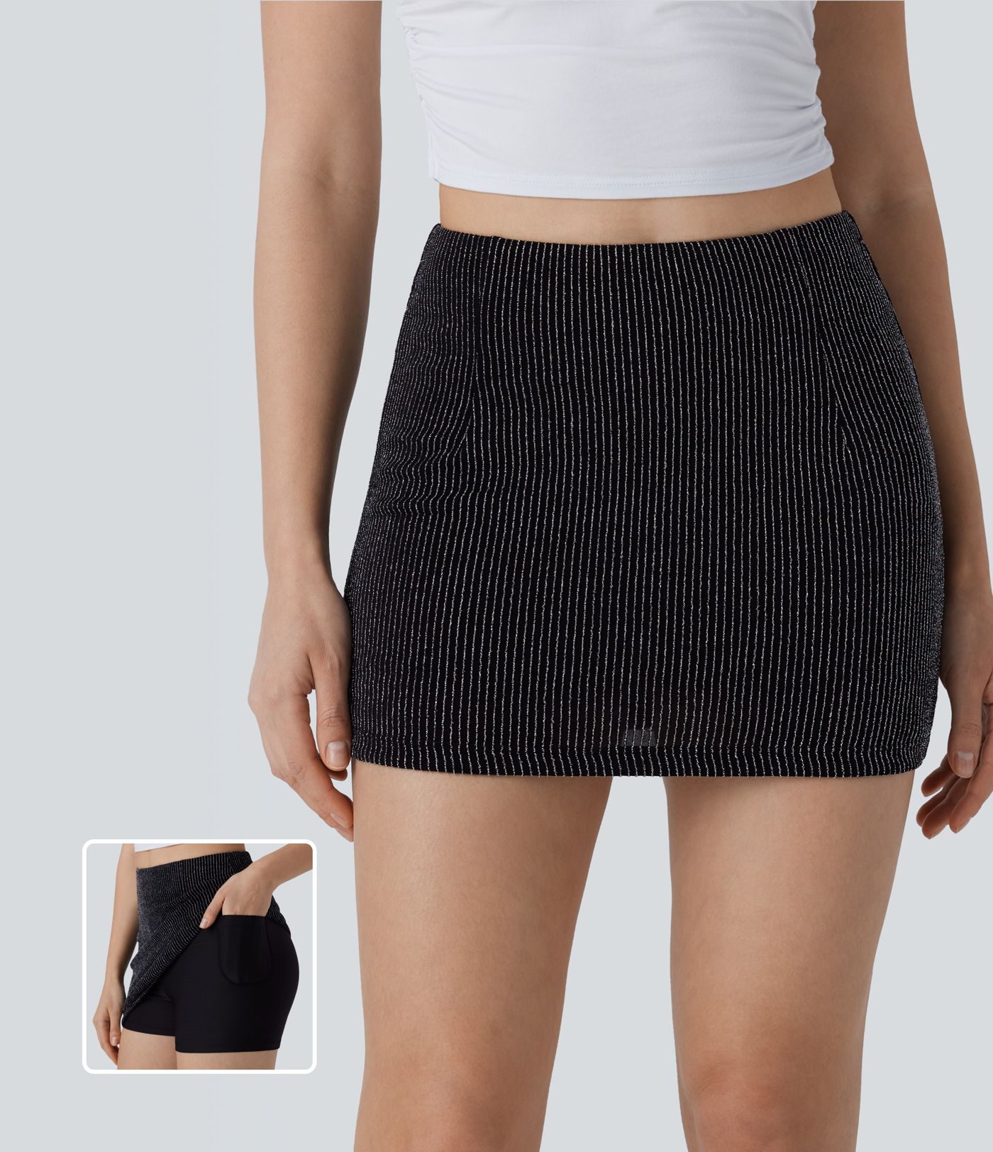 Mini Falda ajustada tiro alto bolsillo lateral raya metalizada 2 en 1