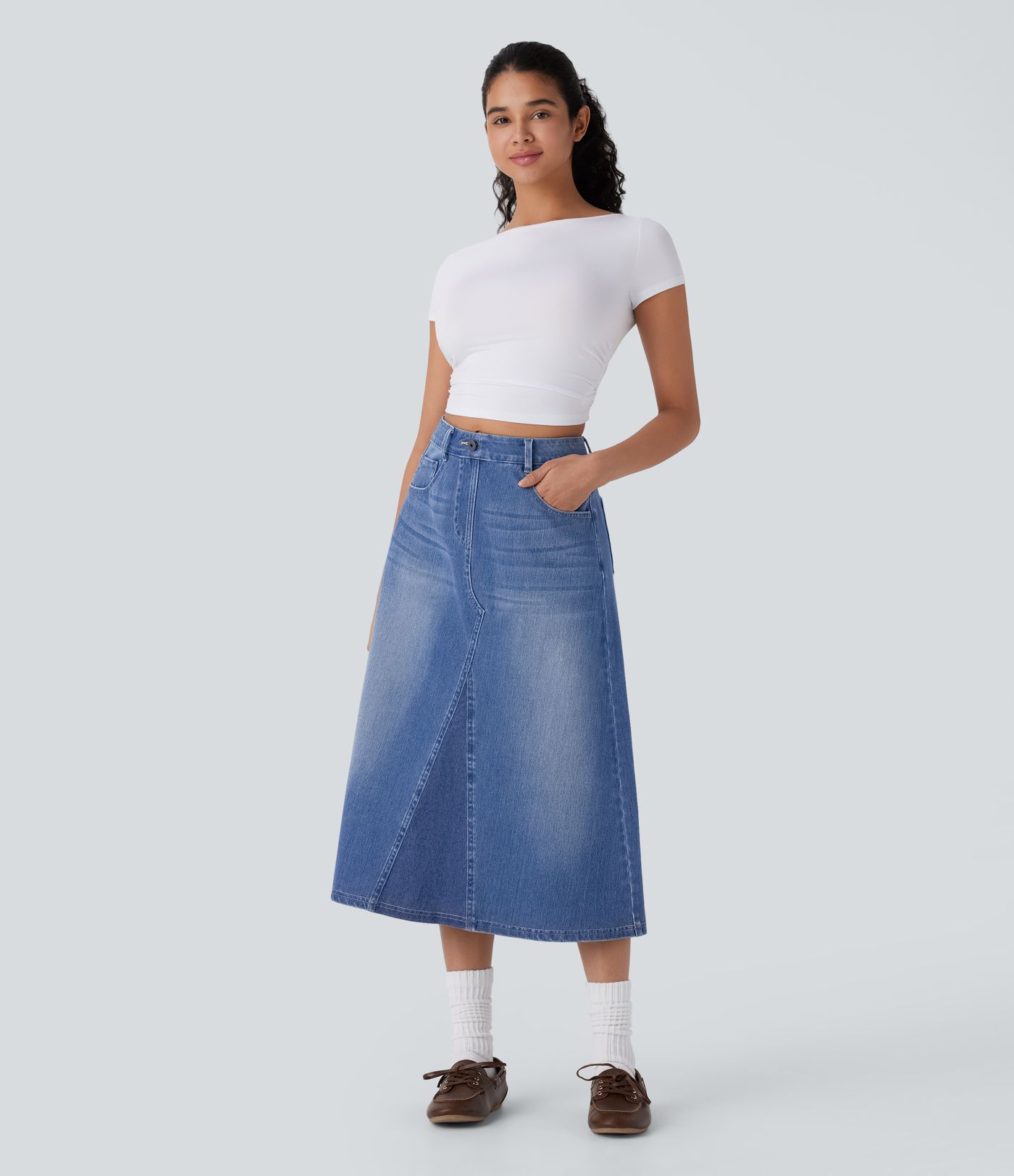 Jupe Midi Décontractée A-Line en Jean Lavé Halara Flex™ à Taille Haute avec Poches