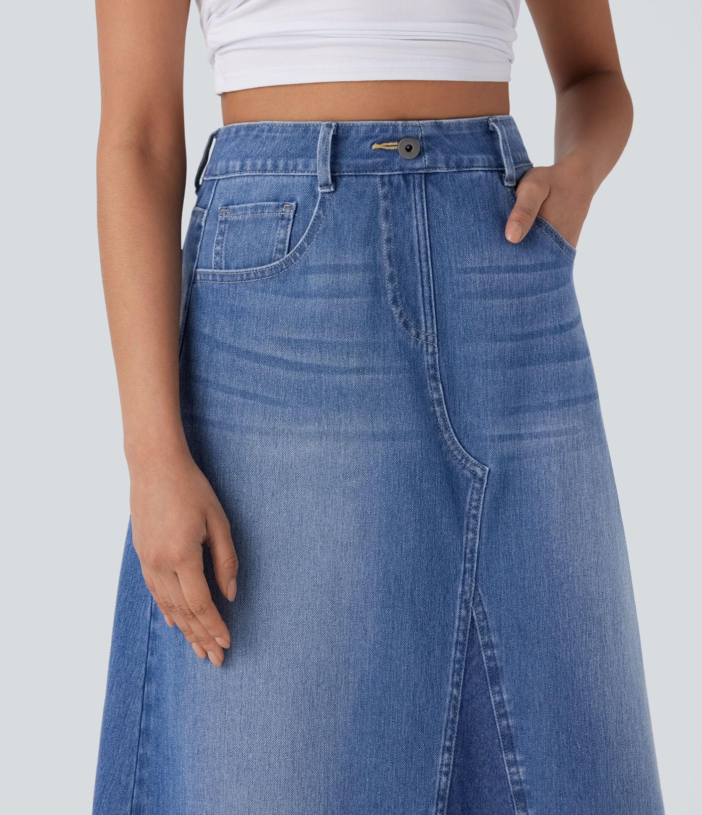 Jupe Midi Décontractée A-Line en Jean Lavé Halara Flex™ à Taille Haute avec Poches