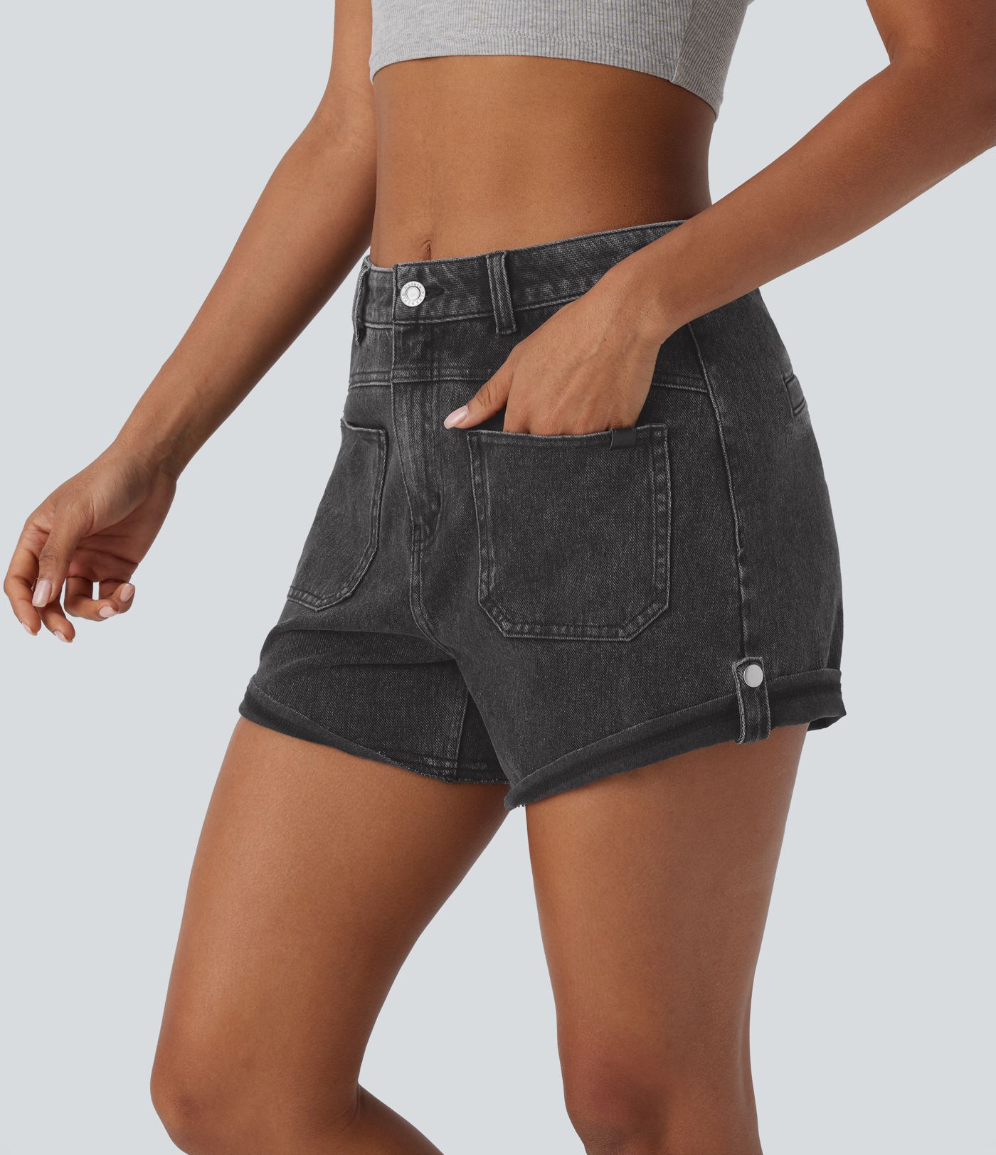 Pantalón corto Halara Flex™ Denim mezclilla elástico lavado dobladillo enrollado bolsillo delantero tiro medio