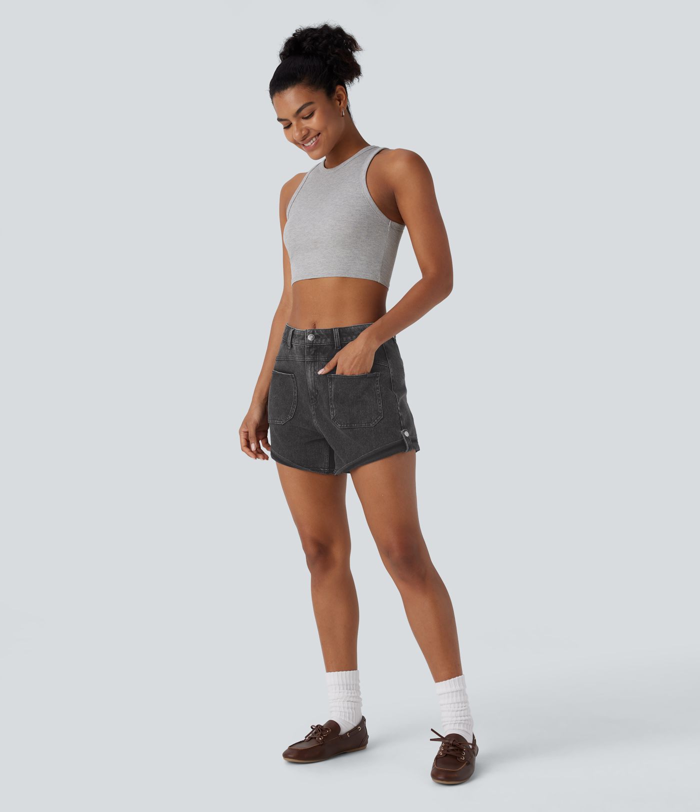 Pantalón corto Halara Flex™ Denim mezclilla elástico lavado dobladillo enrollado bolsillo delantero tiro medio