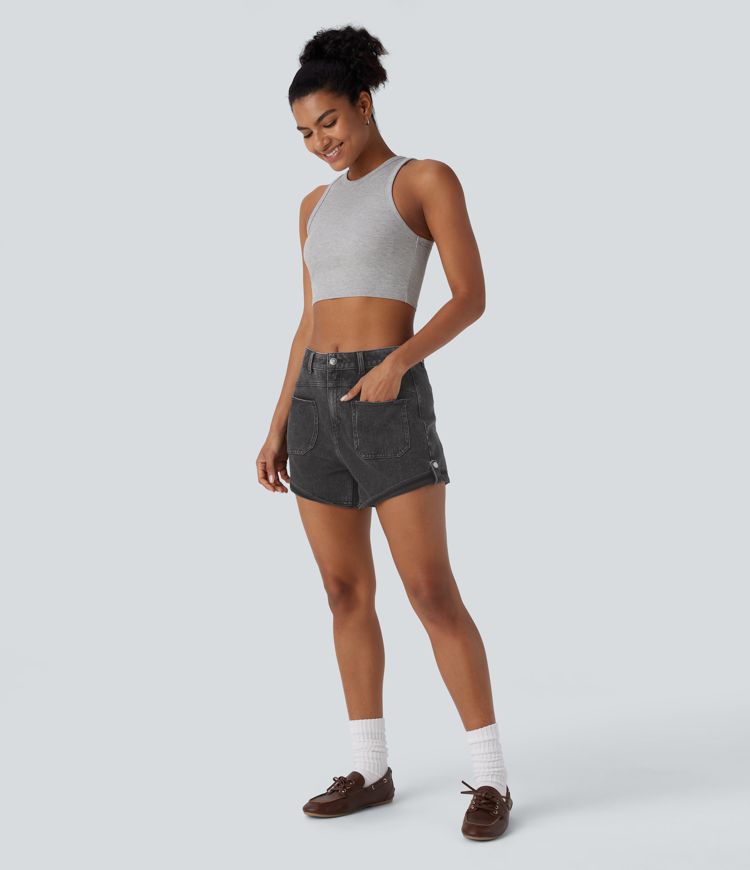 Pantalón corto Halara Flex™ Denim mezclilla elástico lavado dobladillo enrollado bolsillo delantero tiro medio