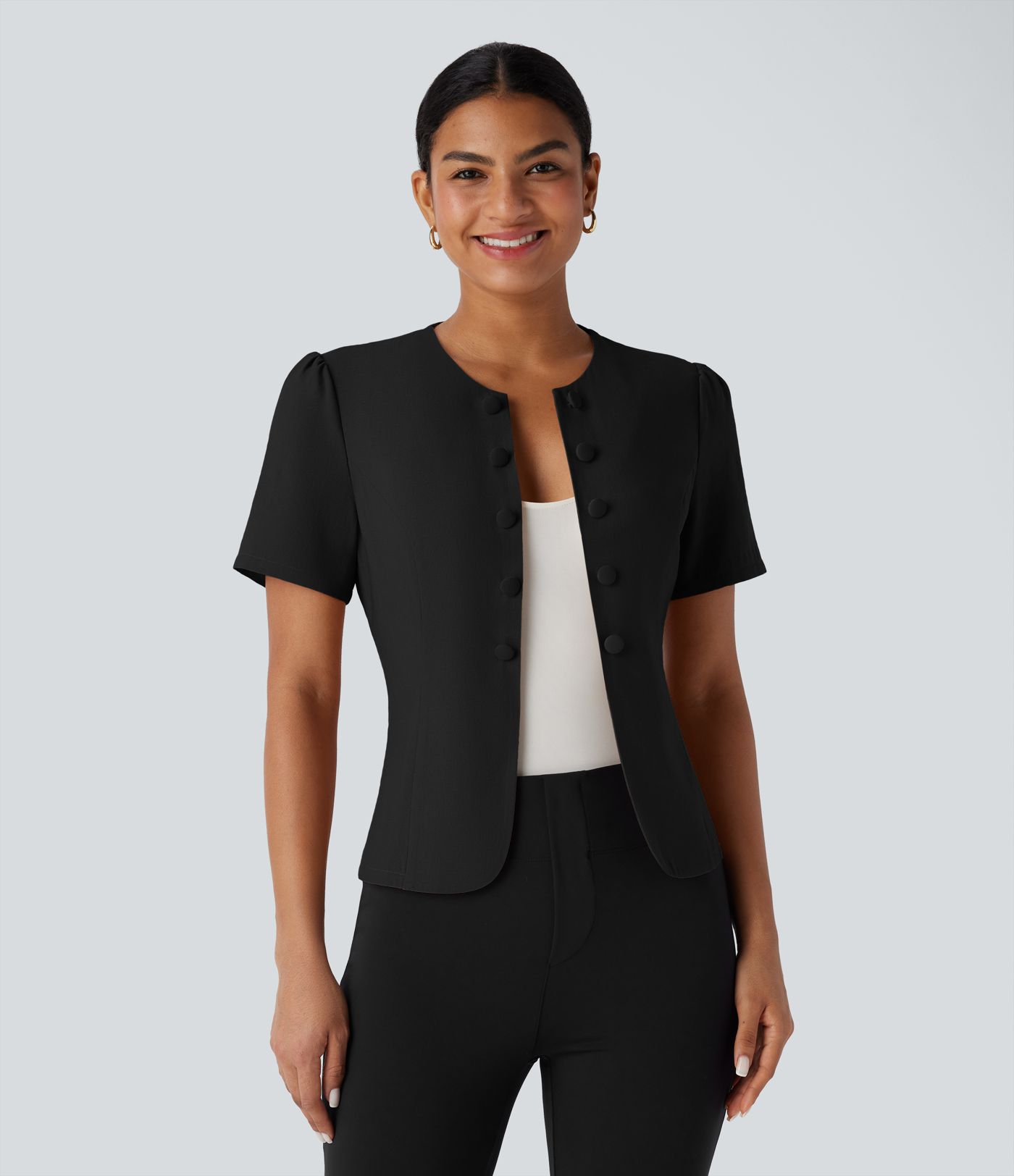 Round Neck Short Sleeve Decorative Button Slim Work Linen-Feel Jacket