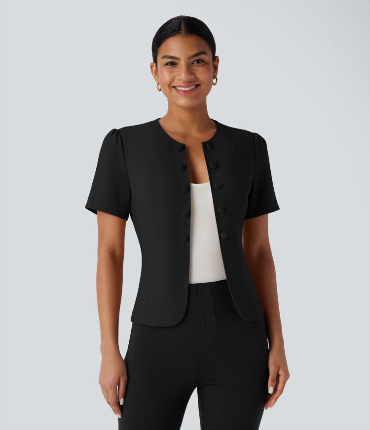 Round Neck Short Sleeve Decorative Button Slim Work Linen-Feel Jacket