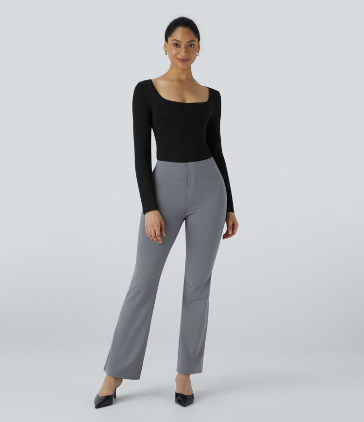 Body oficina ajustado botón presión manga larga cuello U