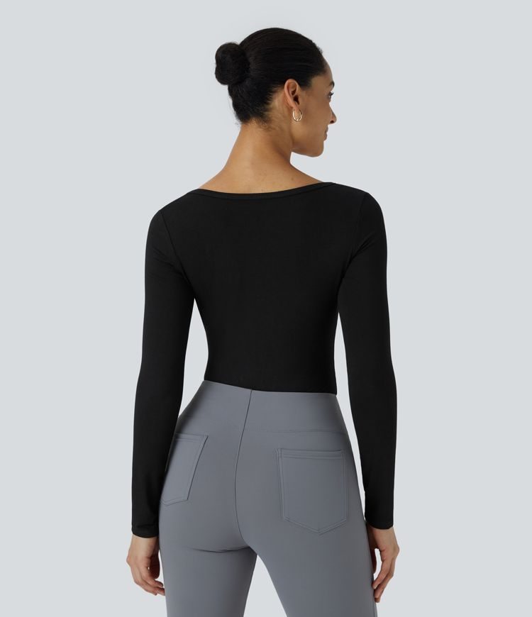 U Neck Long Sleeve Snap Button Skinny Work Bodysuit